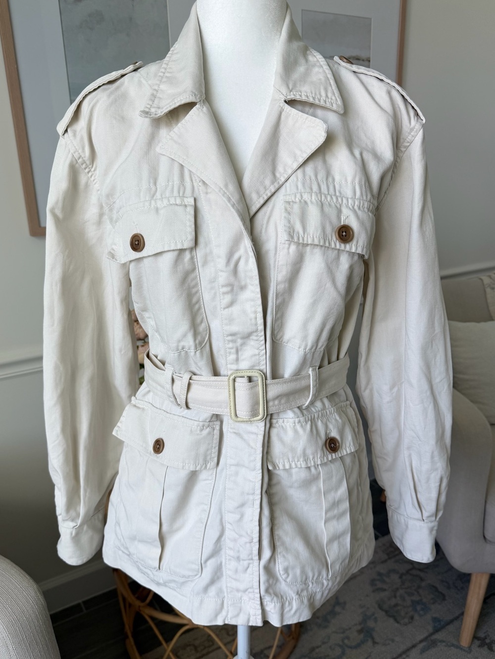 Banana Republic Heritage Linen Blend Safari Jacket Ivory Belted Utility Jacket - Picture 6 of 15